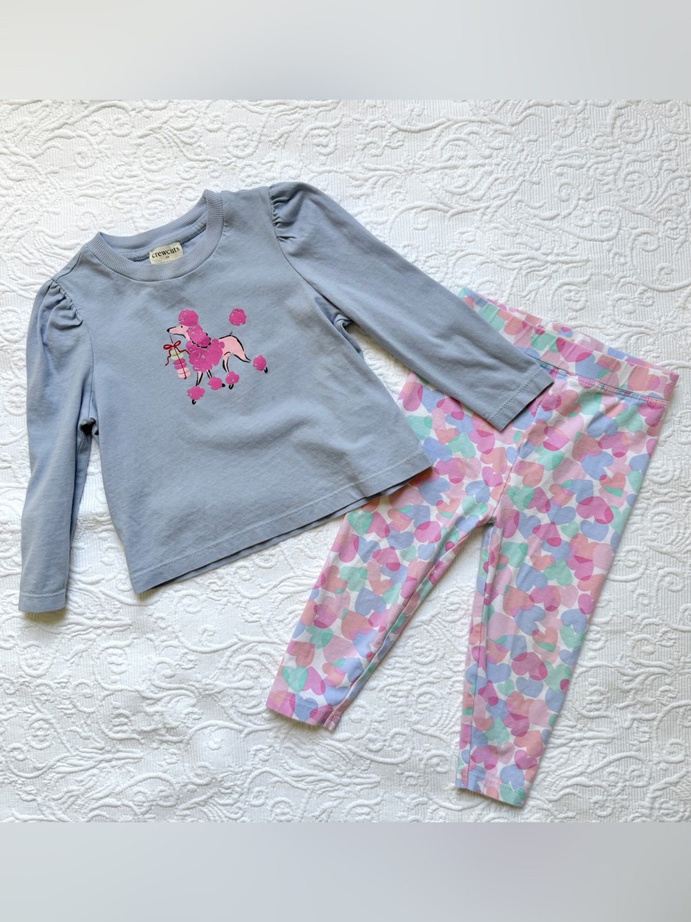 18-24🐩 Crewcuts Toddler Baby Girls Puff Longsleeve Graphic Tee Heart Leggings